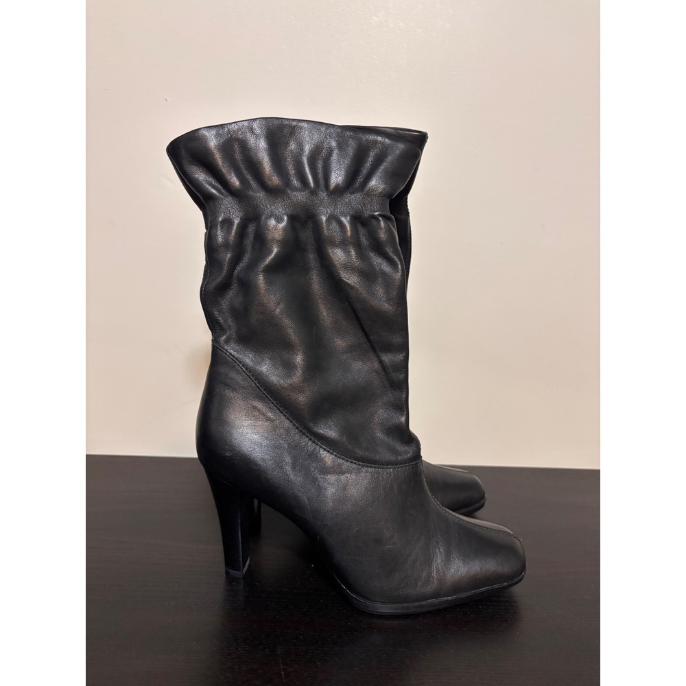 Worthington Black Leather Slouchy Ruched Square Toe Stiletto Mid Calf Boots 6M